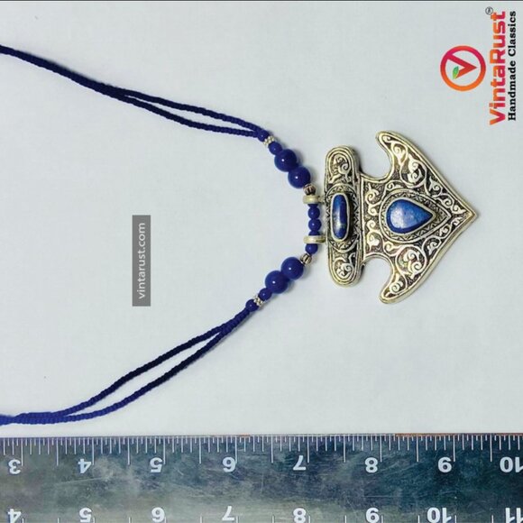 Handmade Lapis Lazuli Necklace, Tribal Beaded Chain Pendant Necklace, Gemstone - Picture 14 of 15
